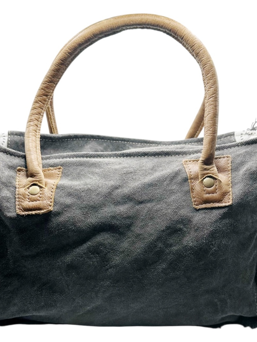 Mya Sel de Mer Charcoal Cotton Canvas Tote Bag Fringe Leather Handles Zip Top - Picture 3 of 7